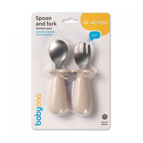 Karote un dakšiņa tērauda BabyOno 1665/03 beige Karote un dakšiņa tērauda BabyOno 1665/03 beige-Bērna barošana-bebis.lv