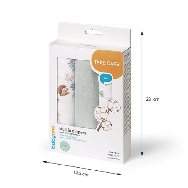 Muslin diaper set SUPER SOFT (3 pcs.) 348/16 hedgehog-Gultas veļa un piederumi-bebis.lv