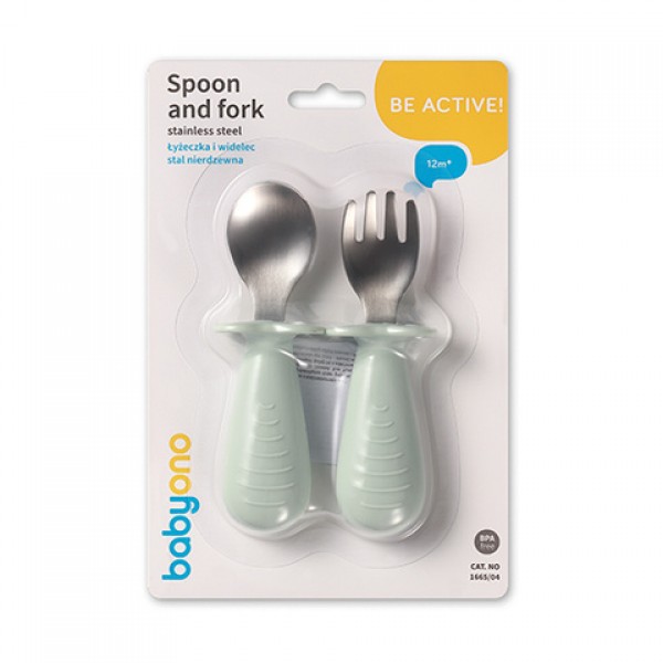 Stainless steel spoon and fork 1665/04 green-Feeding your baby-bebis.lv
