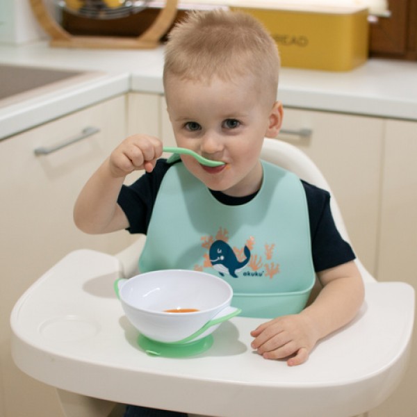 Suction bowl with spoon WHITE/GREEN-Feeding your baby-bebis.lv