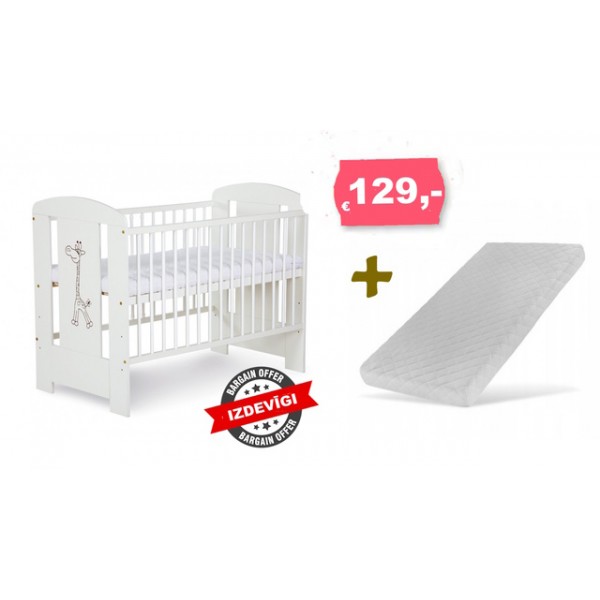 Gulta SAFARI GIRAFFE balta + MATRACIS ECO KOMFORT-Bērnu mēbeles-bebis.lv