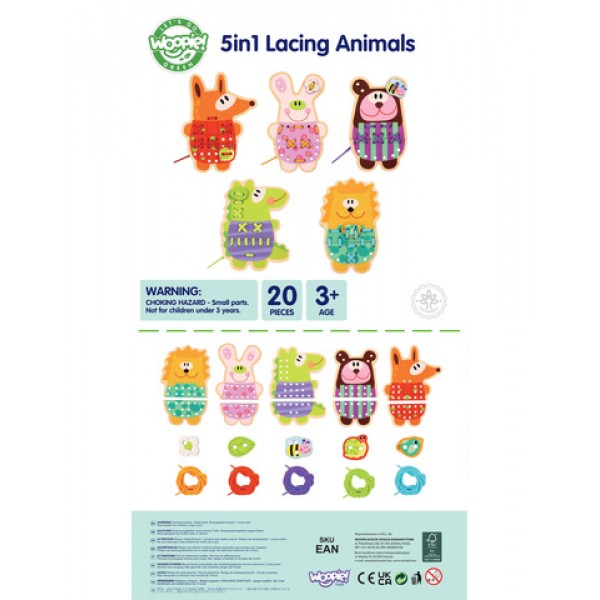 Wooden Lace 5-in-1 Animals for Threading 52753-MAZUĻIEM (~0-5 gadi)-bebis.lv