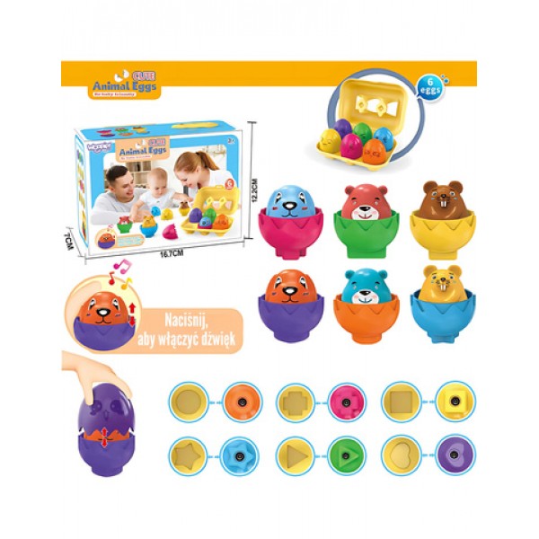 Montessori Shape Sorter Happy Animals Eggs 6pcs, 54139-MAZUĻIEM (~0-5 gadi)-bebis.lv