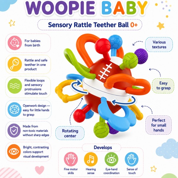 WOOPIE BABY Rattle Teether Sensory Ball for Babies Educational 0+ Soft-MAZUĻIEM (~0-5 gadi)-bebis.lv
