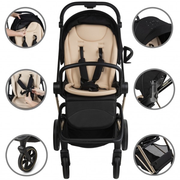 VELMONT Black/Beige stroller with bassinet--bebis.lv