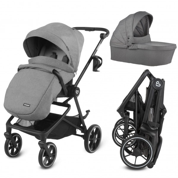 VELMONT Gray stroller with bassinet--bebis.lv
