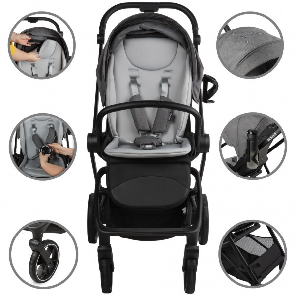 VELMONT Gray stroller with bassinet--bebis.lv