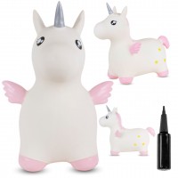 Bērnu gumijas lēcējs VIENRADZIS 55 cm balts rozā ar spārniņiem lēkāšanai ar pumpīti