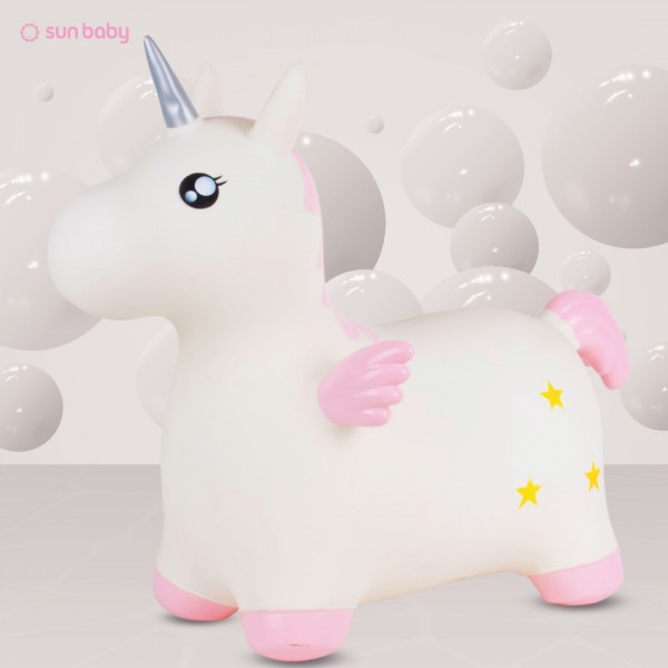 Bērnu gumijas džemperis VIENRADZIS 55 cm balts rozā ar spārniņiem lēkāšanai ar pumpīti--bebis.lv