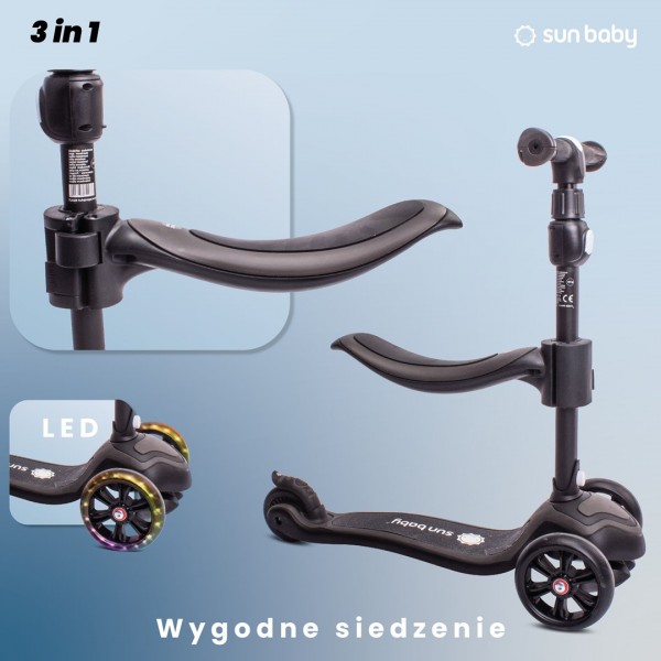 Велосипед-беговел Flash 3-в-1, самокат, скейтборд со светодиодной подсветкой колес - черный--bebis.lv