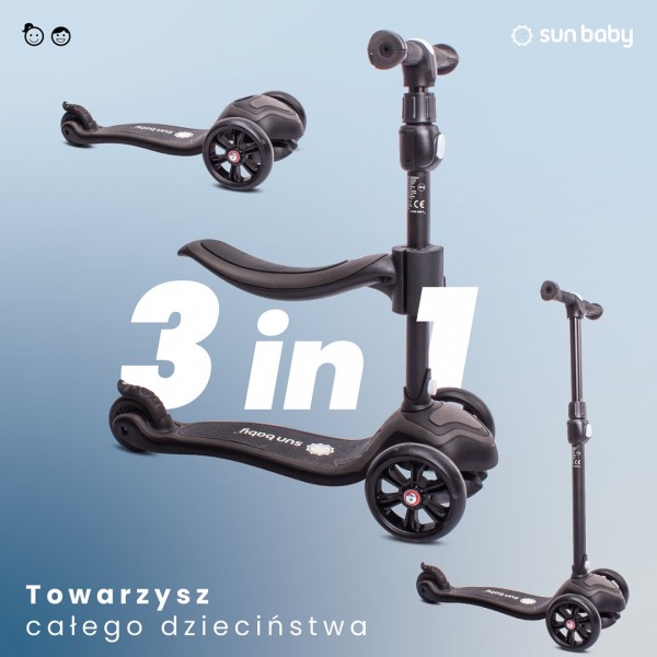 Велосипед-беговел Flash 3-в-1, самокат, скейтборд со светодиодной подсветкой колес - черный--bebis.lv