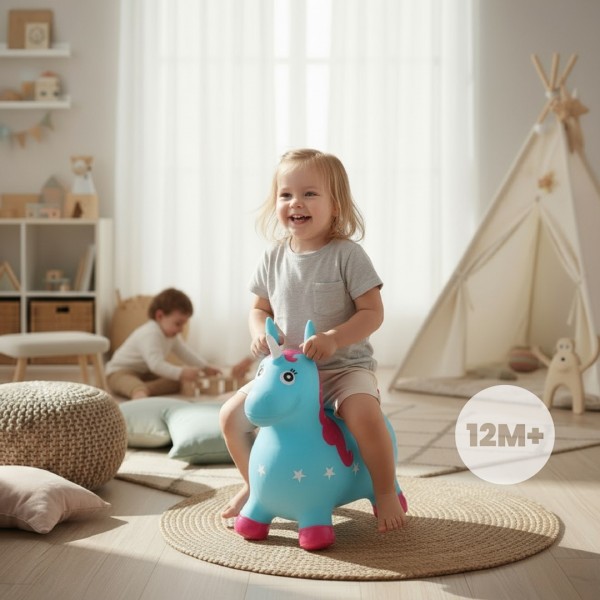 Bērnu gumijas džemperis VIENRADZIS 60 cm zils un rozā lēkāšanai ar pumpīti--bebis.lv