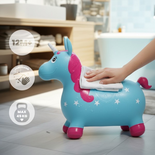 Bērnu gumijas džemperis VIENRADZIS 60 cm zils un rozā lēkāšanai ar pumpīti--bebis.lv