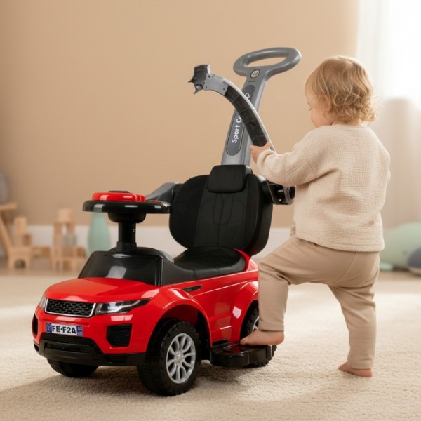 Bērnu ratiņi ar rokturi un skavu, sporta automašīna, sarkani--bebis.lv