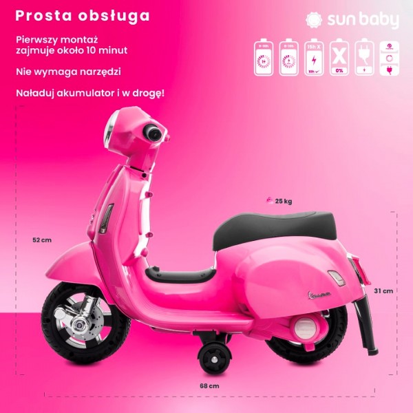 Ar akumulatoru darbināms Vespa skūteris fuksijas krāsā--bebis.lv