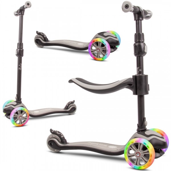 Велосипед-беговел Flash 3-в-1, самокат, скейтборд со светодиодной подсветкой колес - серый--bebis.lv