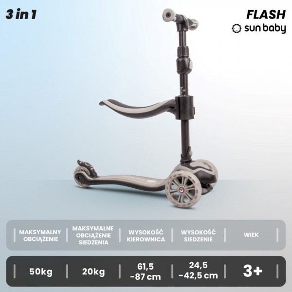 Велосипед-беговел Flash 3-в-1, самокат, скейтборд со светодиодной подсветкой колес - серый--bebis.lv