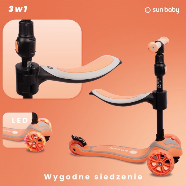 Беговел, самокат и скейтборд Flash 3-в-1 со светодиодными колесами - персиковый цвет--bebis.lv