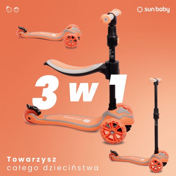 Беговел, самокат и скейтборд Flash 3-в-1 со светодиодными колесами - персиковый цвет--bebis.lv