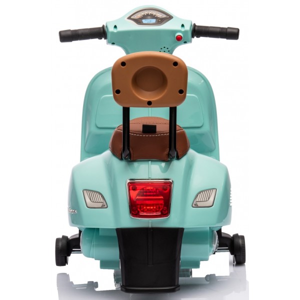 Ar akumulatoru darbināms Vespa skrejritenis ar eko ādas sēdekli, šuvēm un atzveltni - tirkīza krāsā--bebis.lv