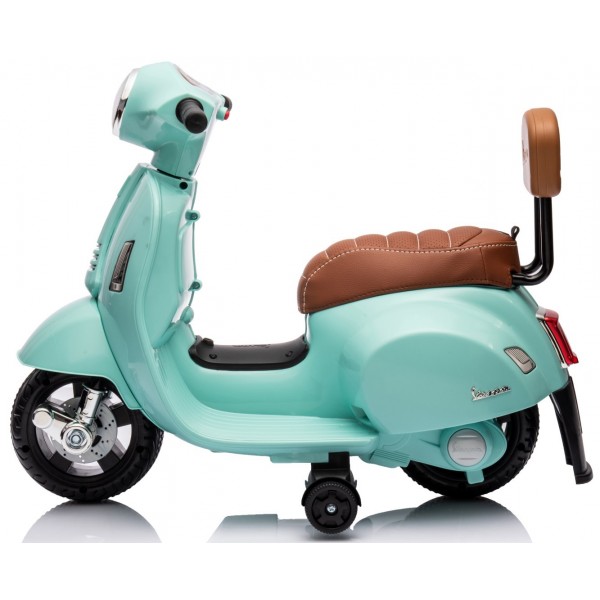 Ar akumulatoru darbināms Vespa skrejritenis ar eko ādas sēdekli, šuvēm un atzveltni - tirkīza krāsā--bebis.lv