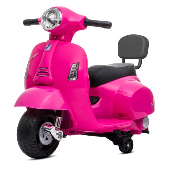 Ar akumulatoru darbināms Vespa skrejritenis ar sašūtu eko ādas sēdekli un fuksijas krāsas atzveltni--bebis.lv