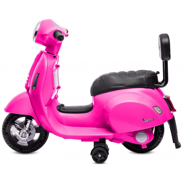 Ar akumulatoru darbināms Vespa skrejritenis ar sašūtu eko ādas sēdekli un fuksijas krāsas atzveltni--bebis.lv