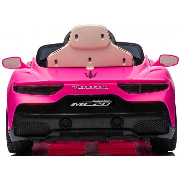 Rozā krāsas Maserati GT Cabrio ar akumulatoru darbināms automobilis--bebis.lv