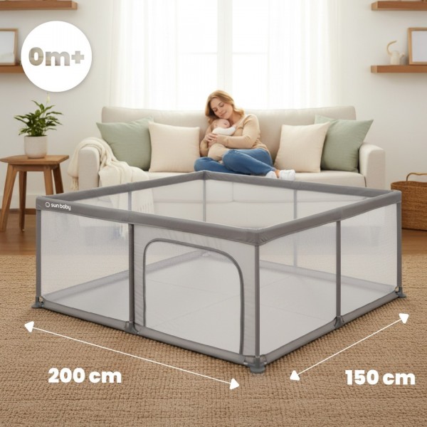 Bērnu rotaļu laukums, bērnu gultiņa, LIELS SPĒĻU LAUKUMS, 150 x 200 x 68 cm - pelēks--bebis.lv