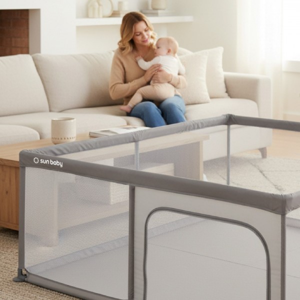 Bērnu rotaļu laukums, bērnu gultiņa, LIELS SPĒĻU LAUKUMS, 150 x 200 x 68 cm - pelēks--bebis.lv