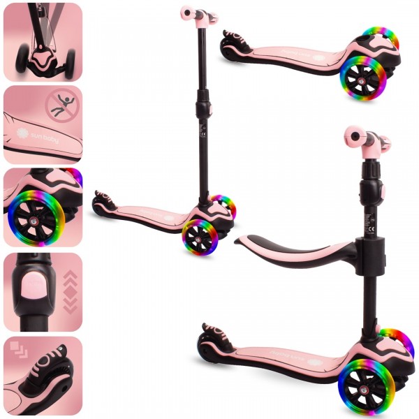 Flash 3-in-1 līdzsvara velosipēds, skrejritenis, skrituļdēlis ar LED riteņiem - pūderrozā--bebis.lv