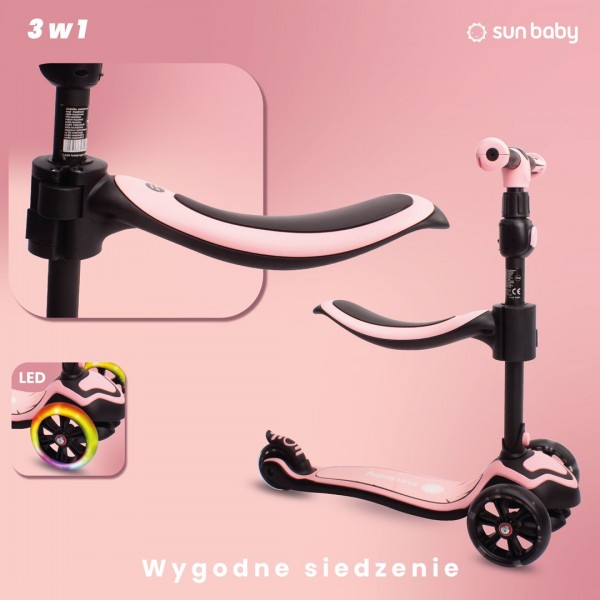 Flash 3-in-1 līdzsvara velosipēds, skrejritenis, skrituļdēlis ar LED riteņiem - pūderrozā--bebis.lv