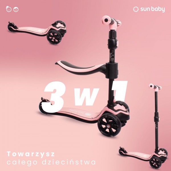 Flash 3-in-1 līdzsvara velosipēds, skrejritenis, skrituļdēlis ar LED riteņiem - pūderrozā--bebis.lv