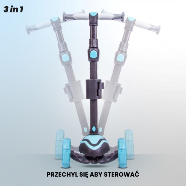 Беговел, самокат и скейтборд Flash 3-в-1 со светодиодными колесами — пастельно-голубой--bebis.lv