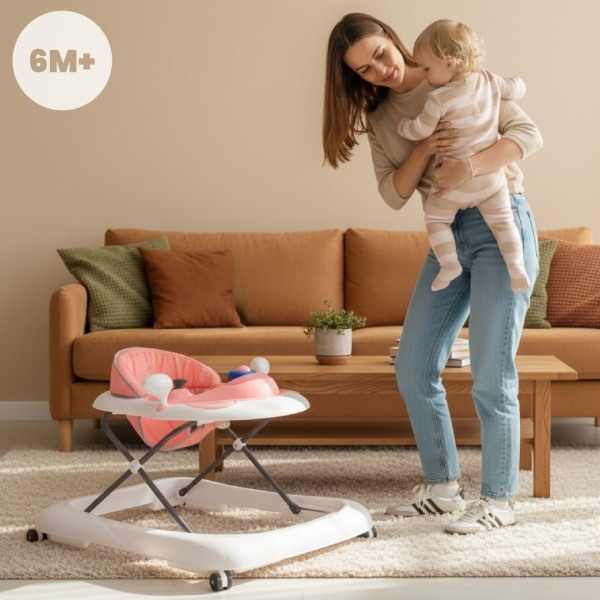 Bērnu staigulītis ar atdurēm un rokturi - rozā un pelēks--bebis.lv