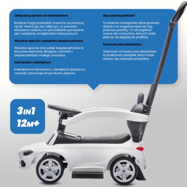 Mercedes C klases bērnu staigulītis ar stūmēju un kāju balstu, balts--bebis.lv