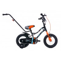 12 collu Tiger velosipēds ar stumjamo - melns, oranžs un tirkīza