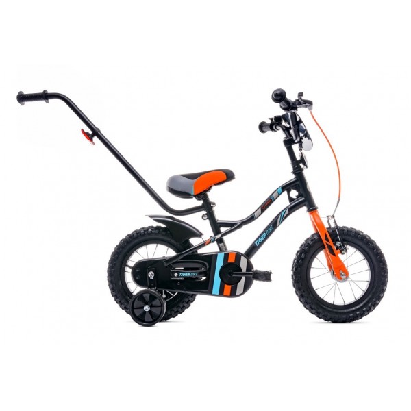 12 collu Tiger velosipēds ar stumjamo velosipēdu - melns, oranžs un tirkīza--bebis.lv