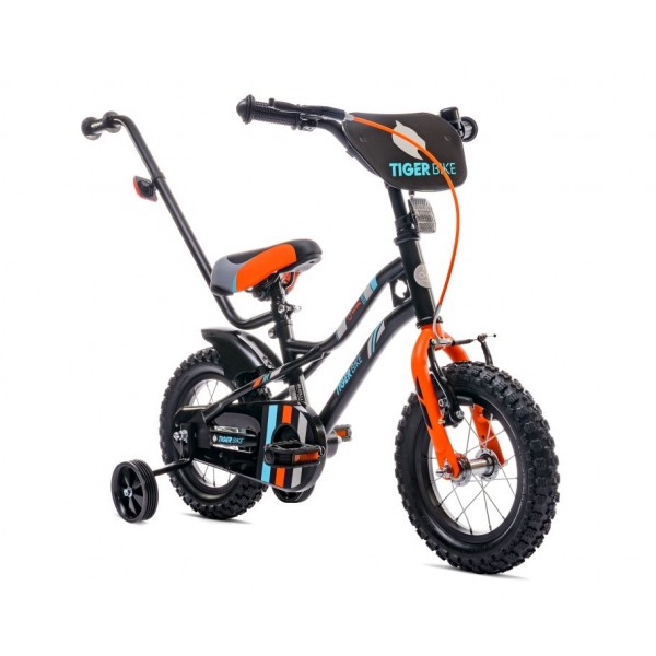 12 collu Tiger velosipēds ar stumjamo velosipēdu - melns, oranžs un tirkīza--bebis.lv