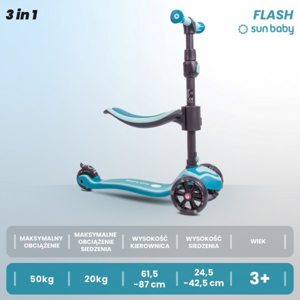 Flash 3-in-1 līdzsvara velosipēds, skrejritenis, skrituļdēlis ar LED riteņiem - pasteļtirkīza zils--bebis.lv