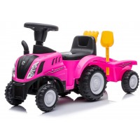 Braucamais stūmējtraktors ar piekabi New Holland rozā krāsā